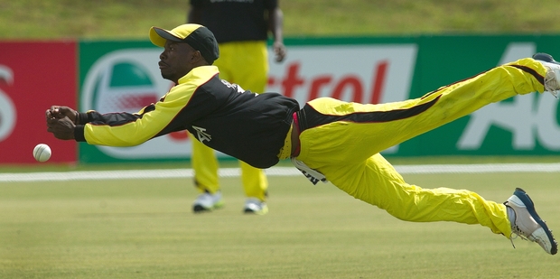 Davis Arinaitwe Karashani drops a catch during Uganda's seven-wicket loss to the Netherlands in Mt Maunganui. Photo / Alan Gibson