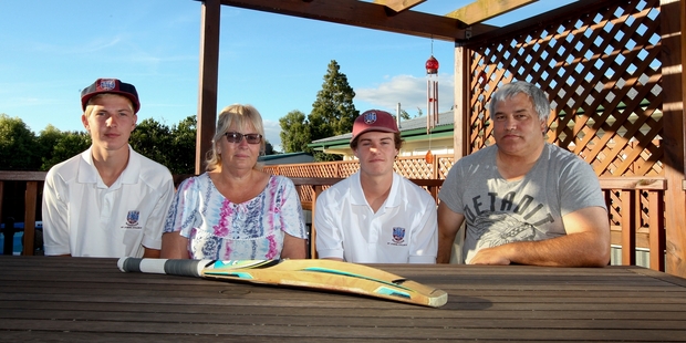 St John's College First XI skipper James McNatty (left) with mother Michelle McNatty, teammate Noah Tucker and another parent John Wilson, who are livid after HB Cricket CEO Craig Findlay's 307 runs against a schoolboys' team. Photo/Glenn Taylor