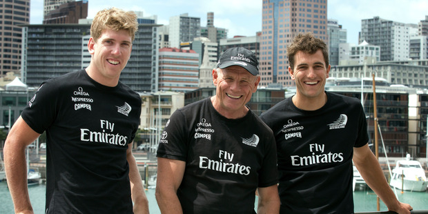 Peter Burling (left) and Blair Tuke (right), with team boss Grant Dalton, are the newest members of Emirates Team New Zealand. Photo / Brett Phibbs