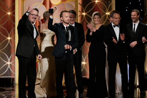 Creator Vince Gilligan, left, and actor Aaron Paul with the award for best TV series drama for Breaking Bad. Photo / AP