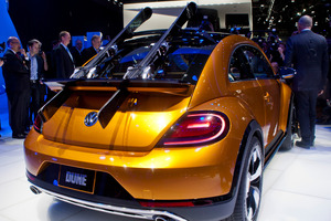 The Volkswagen Beetle Dune concept car is unveiled featuring ski mounts on the roof of the hatch. Photo / AP