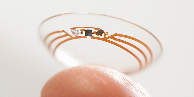 A contact lens Google is testing to explore tear glucose. Photo / AP