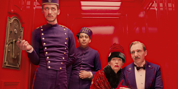 Paul Schlase, Tony Revelori, Tilda Swinton and Ralph Fiennes in The Grand Budapest Hotel. Photo / AP