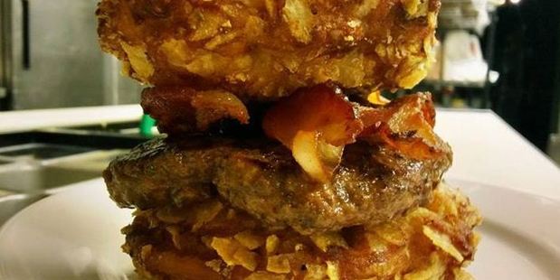 The PB&J Bun Burger - deep fried kettle chip coated PB&J sandwiches are buns, banana-sriacha marinated juicy beef patty, applewood bacon on top.
Photo / PYT, Facebook