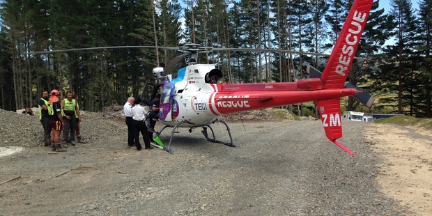 Work colleagues watch as a man seriously injured in a forestry accident is loaded into a rescue helicopter.