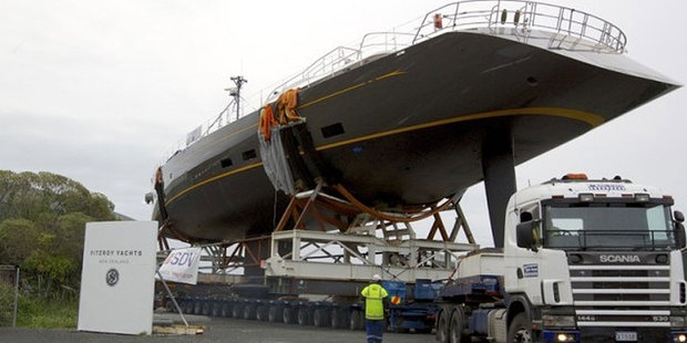 The 50m Sloop Ohana, leaves the Fitzroy Yachts plant in New Plymouth.