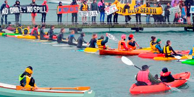 Protesters show their resolve to keep Anadarko Petroleum Corporation's deep-sea drilling operations away from the Otago coast. Photos / Craig Baxter