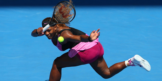 Serena Williams plays a running forehand in her second round victory over Vesna Dolonc. Photo / Getty