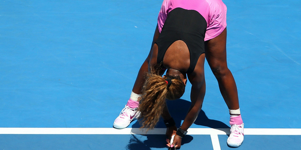 Serena Williams of the United States reacts after losing a point in her second round match against Vesna Dolonc. Photo / Getty Images