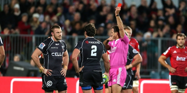 Seeing red ... Jean Deysel is sent off in Christchurch in May. Photo / Getty Images