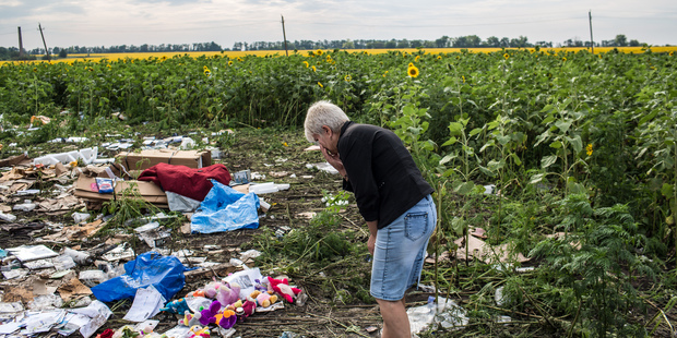 A woman looks at debris from Malaysia Airlines Flight MH17 which landed in a field of sunflowers. Photo / Getty