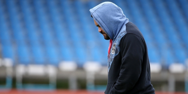 Konrad Hurrell had to watch training from the sidelines at Mt Smart yesterday. Picture / Getty Images
