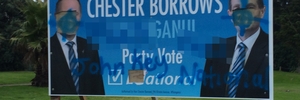 SMASHED: Another National Party sign on Cornfoot St in Castlecliff was smashed and plywood taken during the week. Photo/Stuart Munro