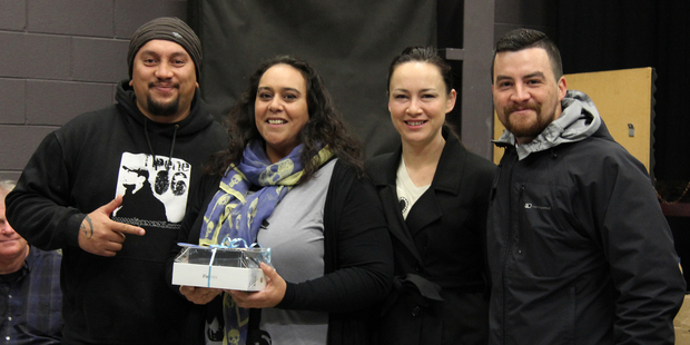 Napier's winning short film-maker Ali Beal (second left) with Tipene Harmer, left, from AWA Transmedia, Maori TV reporter Aroha Treacher and Hamahona Ambler from Ngati Kahungunu Iwi Inc.