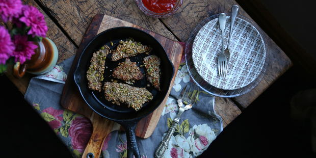 Crispy seed & herb crumbed schnitzel. Picture / Eleanor Ozich