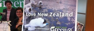 One of the billboards featuring an Rena oil spill scene.