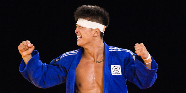 New Zealand Judo representative Adrian Leat celebrates his win against Jacques van Zyl during their semi final match. Photo / New Zealand Herald / Greg Bowker