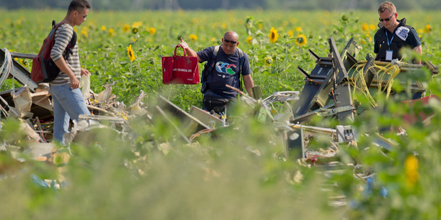 A Malaysian air crash investigator holds a bag at a crash site of Malaysia Airlines Flight 17. Photo / AP