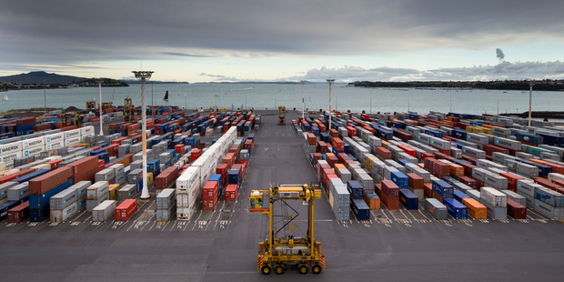 A straddle Carrier lifts shipping containers at the Fergusson container terminal at the Ports of Auckland. Photo / Richard Robinson.