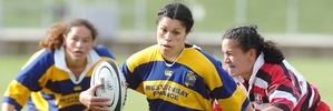 Bay of Plenty Volcanix player Eliza Stephens as she out runs her Counties-Manukau opponents at the Rotorua International Stadium.