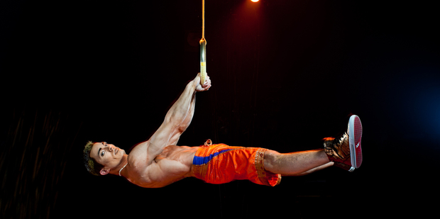 Rings acrobat Gael Ouisse in Cirque du Soleil's Totem.
