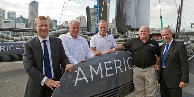 Associate Tourism Minister Jonathan Coleman, left, with America's Cup Race Management CEO Iain Murray, Oracle Racing Skipper James Spittal, Core Builders Composites Mark Turner, and Auckland Mayor Len Brown. Photo / NZPA