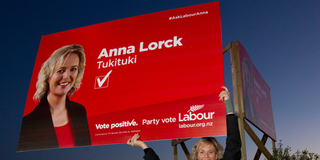 Labour's Tukituki candidate Anna Lorck was back out re-erecting an election hoarding in Havelock Rd last night after being told to take it down yesterday morning. Photo / Glenn Taylor