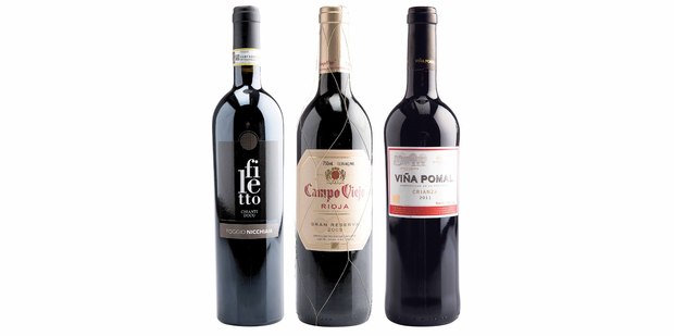 Poggio Nicchiaia Filetto Chianti, Italy 2011; Campo Viejo Rioja Gran Reserva, Spain 2005; Vina Pomal Rioja Crianza, Spain 2010.