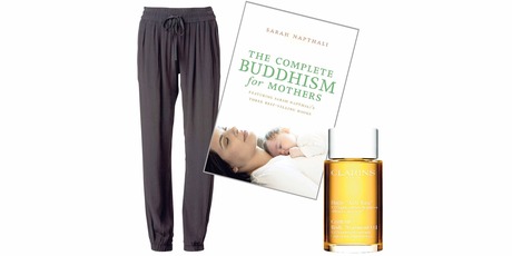 Sass & bide pants; The Complete Buddhism for Mothers by Sarah Napthali; Clarins Huile Tonic.