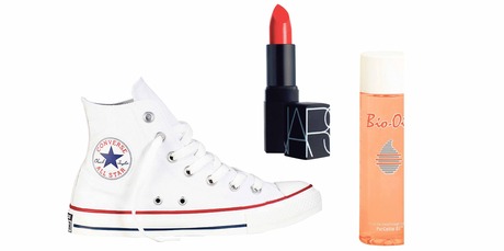 Converse All Star high tops; NARS Heatwave from Mecca Cosmetica; Bio Oil.