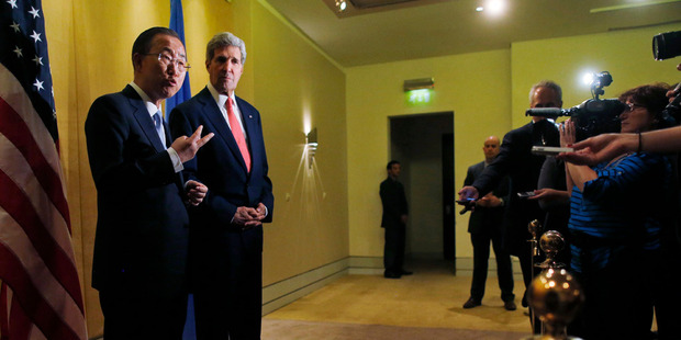 US Secretary of State John Kerry and UN Secretary General Ban Ki-Moon speak to reporters in Cairo, Egypt. Photo / AP