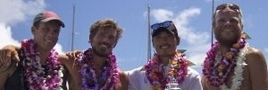 Craig Hackett, left, Caspar Zafer, Junho Choi and Andre Kiers arrive in Honolulu on Wednesday with their trophy. Photo / www.greatpacificrace.com
