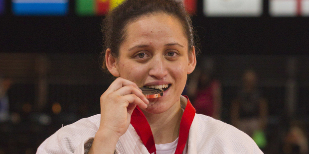 Darcina Manuel with her bronze medal after defeating Canadian Klimkait Jessica. Photo / Greg Bowker