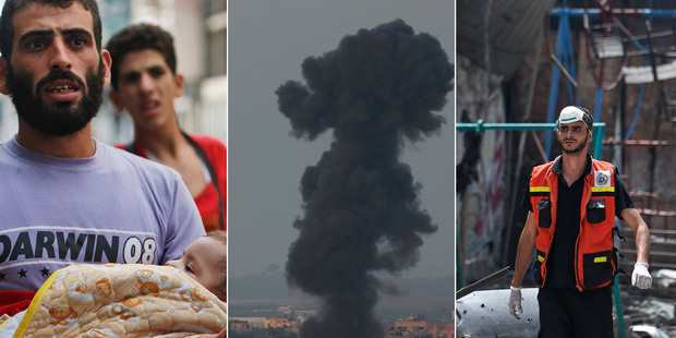 From left; families flee the violence, smoke rises after another missile strike and an emergency worker walking through rubble in the Shijaiyah neighbourhood. Photo / AP