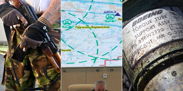 From left, a rebel guards the train carrying victims' bodies, Russian officials hold a press conference detailing movements of a Ukrainian fighter jet, and part of the plane.