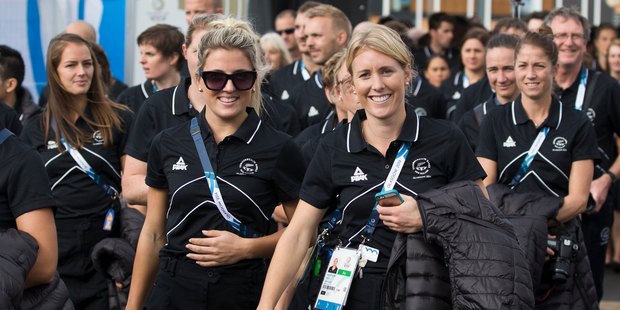 New Zealand Black Sticks Gemma Flynn and Emily Nalyor with the rest of New Zealand team were officially welcomed to Glasgow. Photo / Greg Bowker