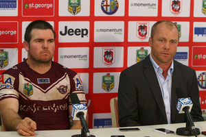 Manly coach Geoff Toovey and captain Jamie Lyon speak to the media after their side's win over the Dragons. Photo / Getty Images