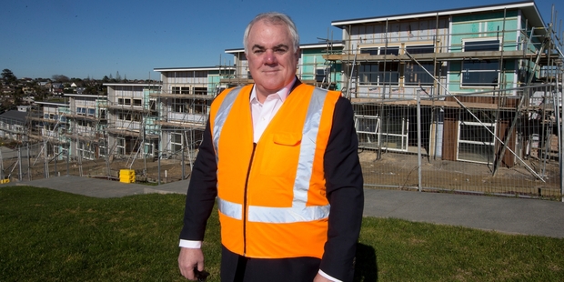 Todd Property CEO Evan Davies at the Long Bay development and (below) an aerial view of Stonefields, Mt Wellington. Photos / Brett Phibbs