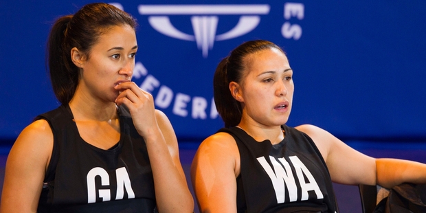 Maria Tutaia (far left, with fellow Fern Liana Leota) is crucial to New Zealand's title defence. Photo / Greg Bowker