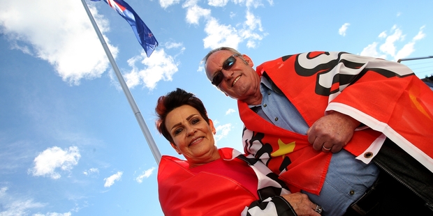SUPPORTERS: Rob and Daph Moore show their support for major sports events by flying the flags of the countries playing. PHOTO/RUTH KEBER
