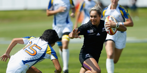 Huriana Manuel breaks through to score the opening try against Kazakhstan. Photo / Getty Images