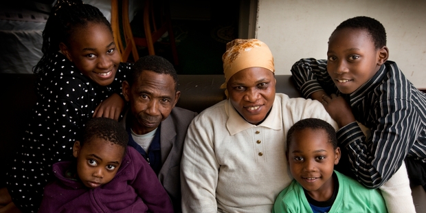 Congolese refugee family Charles and Pascaline Salama with their surviving children, from left, Ruth, 11, Samuel, 4, Samson, 6, and David, 9. Photo / Brett Phibbs