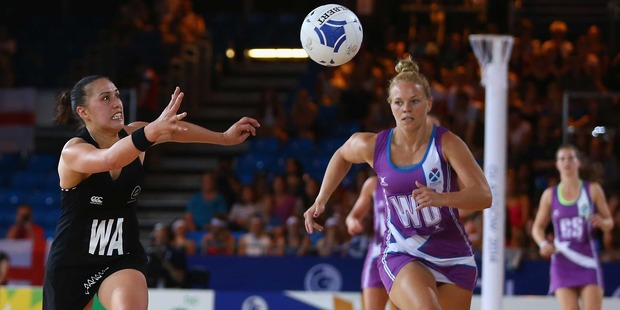 Liana Leota of New Zealand chases the ball during the pool B netball match against Scotland. Photo / Getty Images