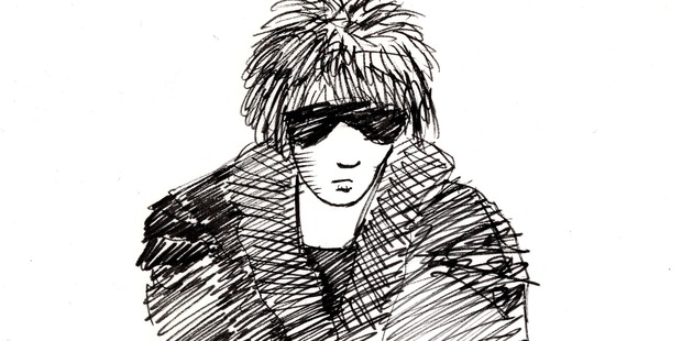 A Neil Gaiman self-portrait, in shades and leather jacket.