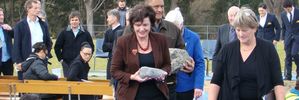 RGP 30Jul14 - HISTORIC: Anne Tolley (left), Aaron Rangihika (partly obscured) and school principal Helen Tuhoro at the turning of the soil ceremony at Tarawera High School yesterday. PHOTO/PAU