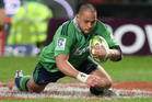 Kane Hames, pictured scoring his memorable try for the Highlanders against the Sharks, has been called into the All Blacks training camp at North Harbour. Photo / Getty Images Kane Hames, pictured scoring his memorable try for the Highlanders against the Sharks, has been called into the All Blacks training camp at North Harbour. Photo / Getty Images