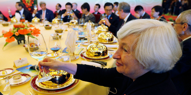 Federal Reserve Chair Janet Yellen enjoys a meal. When menu prices increase, it's a sign restaurant owners see inflation bubbling. Photo / AP