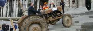 National MP Shane Ardern drove a tractor up Parliament steps during the anti-fart tax protest by farmers in September, 2003. File photo / Mark Mitchell