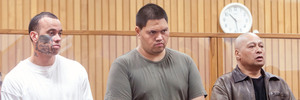 JAILED: Terere MacDonald, Deuce Savage and Derek Savage during their trial. BEN FRASER