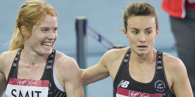 Angie Smit and Nikki Hamblin after the women's 800m final. Photo / Greg Bowker